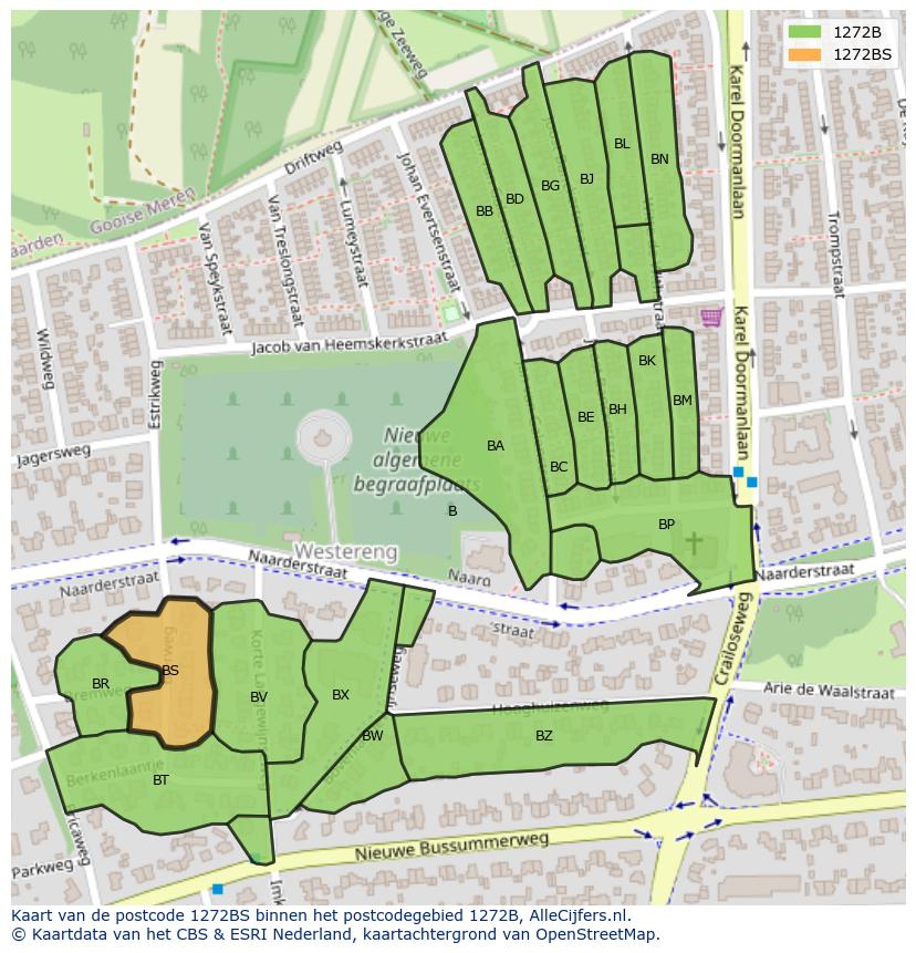 Afbeelding van het postcodegebied 1272 BS op de kaart.