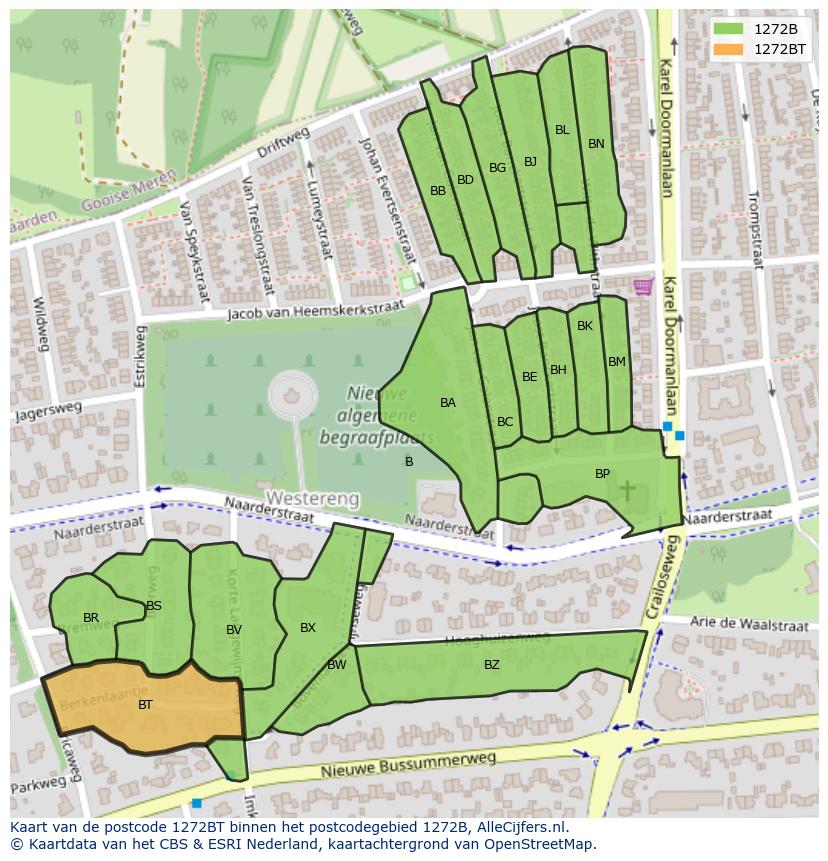 Afbeelding van het postcodegebied 1272 BT op de kaart.