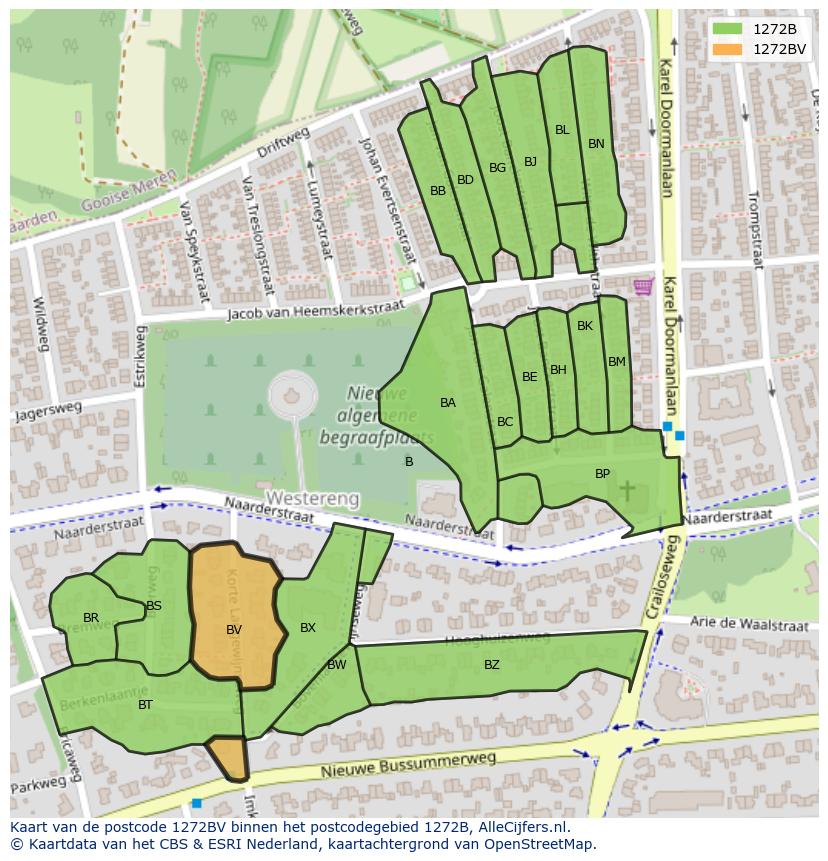 Afbeelding van het postcodegebied 1272 BV op de kaart.