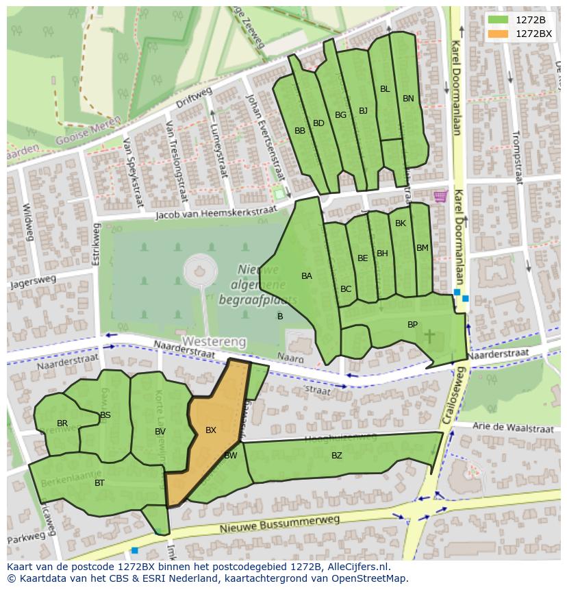 Afbeelding van het postcodegebied 1272 BX op de kaart.