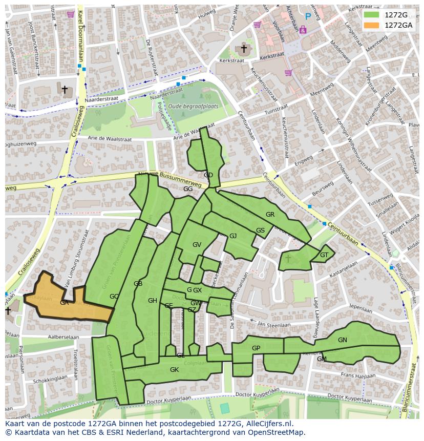 Afbeelding van het postcodegebied 1272 GA op de kaart.
