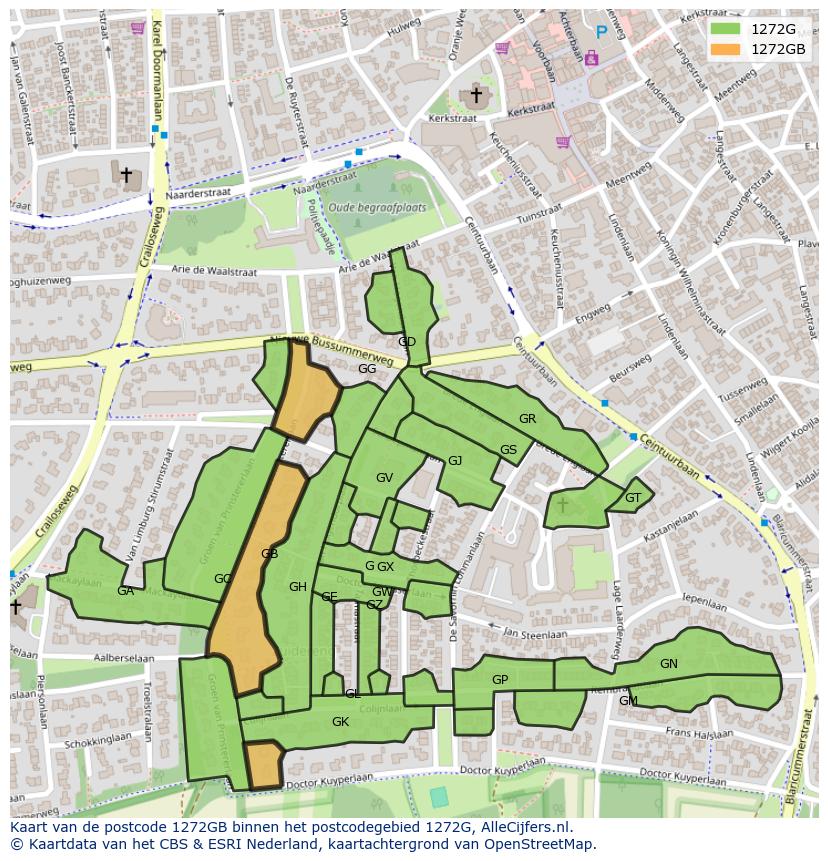 Afbeelding van het postcodegebied 1272 GB op de kaart.