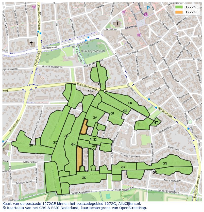 Afbeelding van het postcodegebied 1272 GE op de kaart.