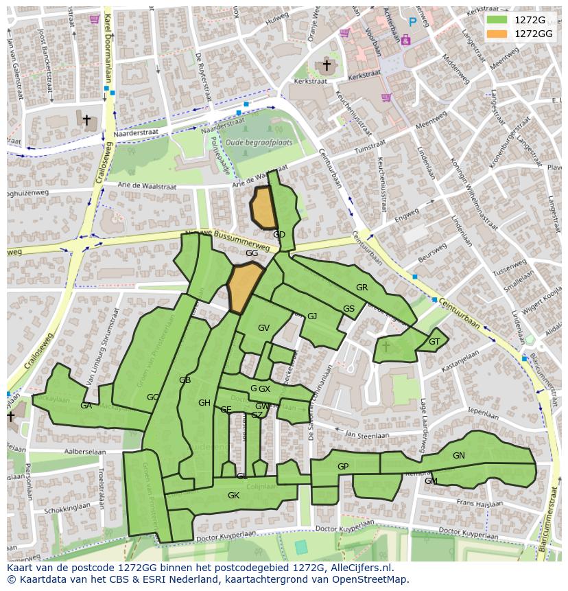 Afbeelding van het postcodegebied 1272 GG op de kaart.