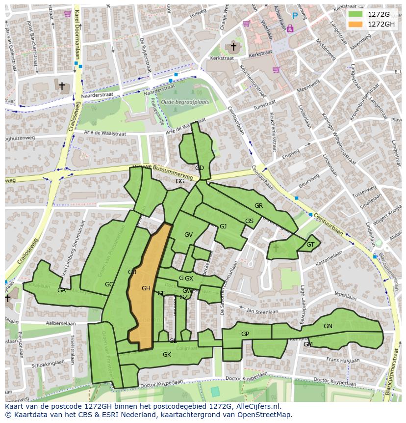 Afbeelding van het postcodegebied 1272 GH op de kaart.