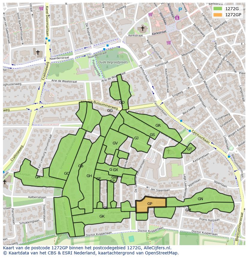 Afbeelding van het postcodegebied 1272 GP op de kaart.