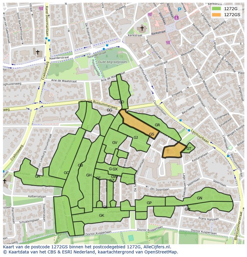 Afbeelding van het postcodegebied 1272 GS op de kaart.