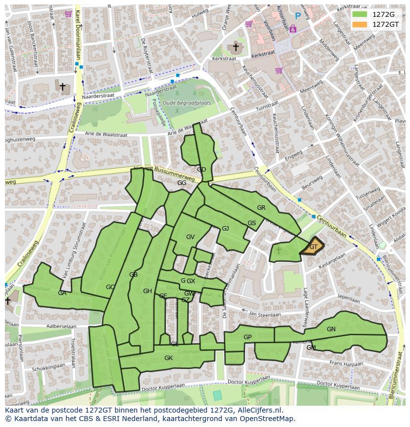 Afbeelding van het postcodegebied 1272 GT op de kaart.