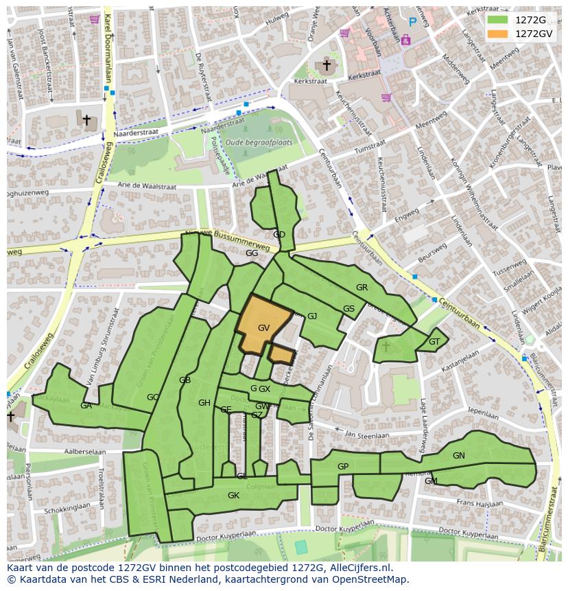 Afbeelding van het postcodegebied 1272 GV op de kaart.