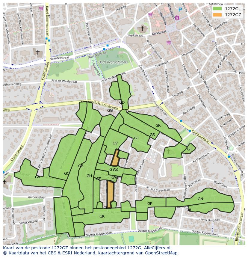 Afbeelding van het postcodegebied 1272 GZ op de kaart.