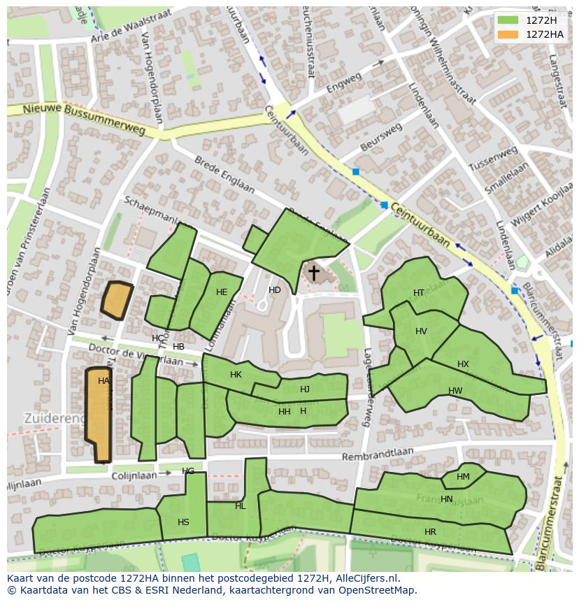 Afbeelding van het postcodegebied 1272 HA op de kaart.
