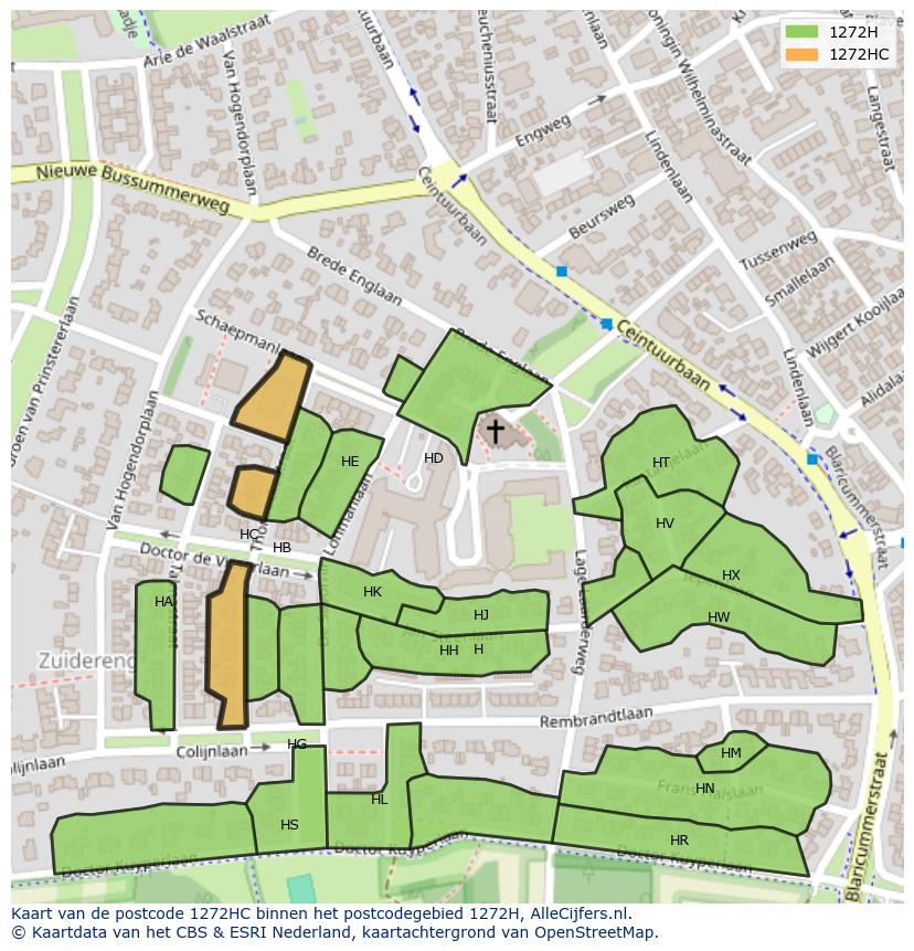 Afbeelding van het postcodegebied 1272 HC op de kaart.