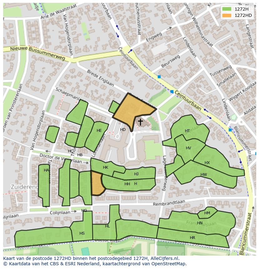 Afbeelding van het postcodegebied 1272 HD op de kaart.