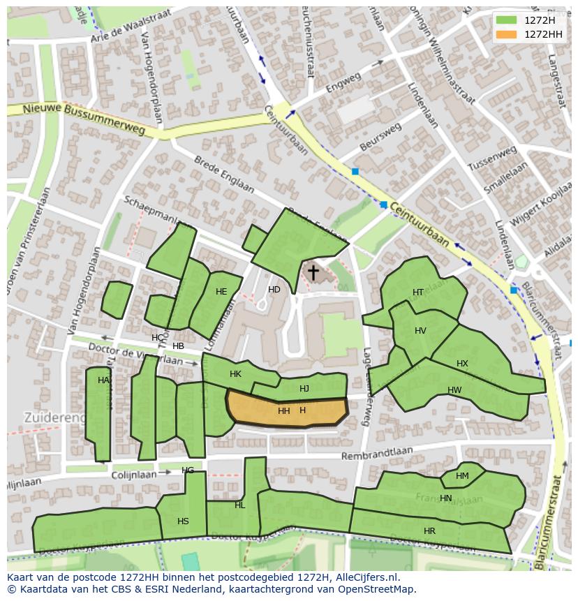 Afbeelding van het postcodegebied 1272 HH op de kaart.