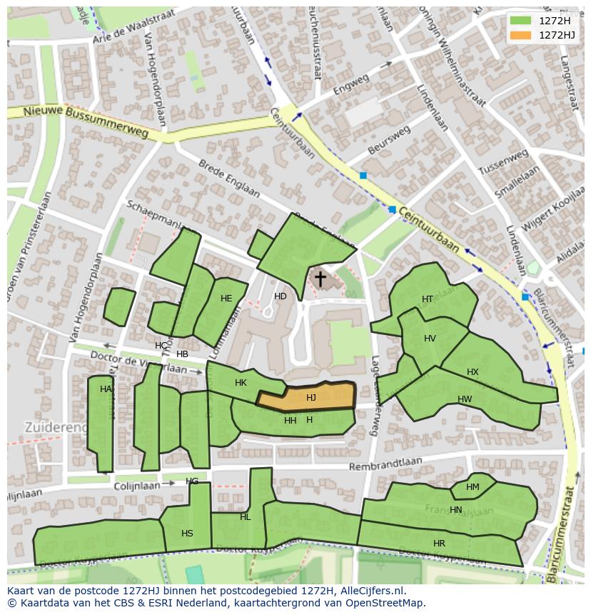 Afbeelding van het postcodegebied 1272 HJ op de kaart.