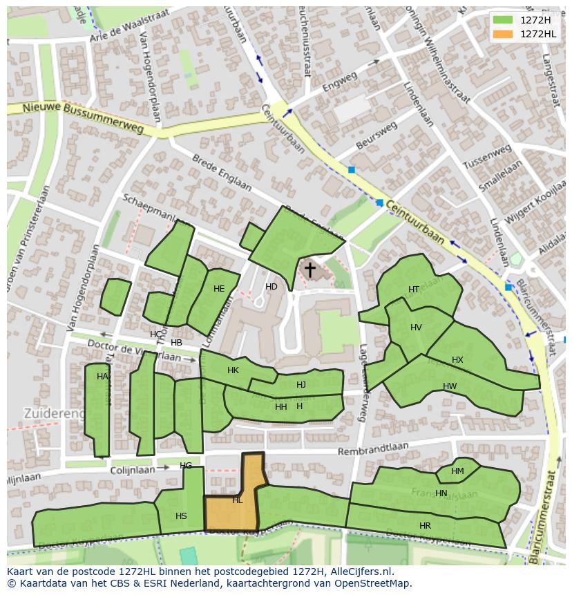 Afbeelding van het postcodegebied 1272 HL op de kaart.