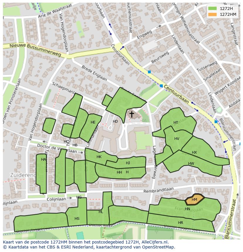 Afbeelding van het postcodegebied 1272 HM op de kaart.