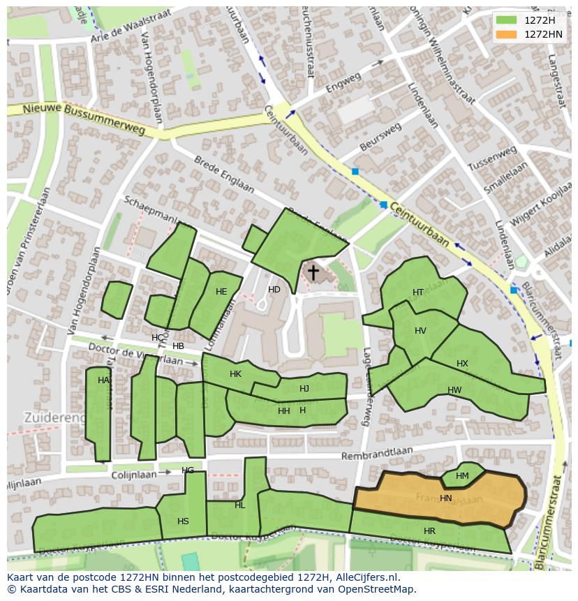 Afbeelding van het postcodegebied 1272 HN op de kaart.