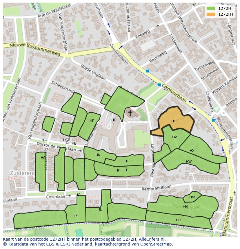 Afbeelding van het postcodegebied 1272 HT op de kaart.