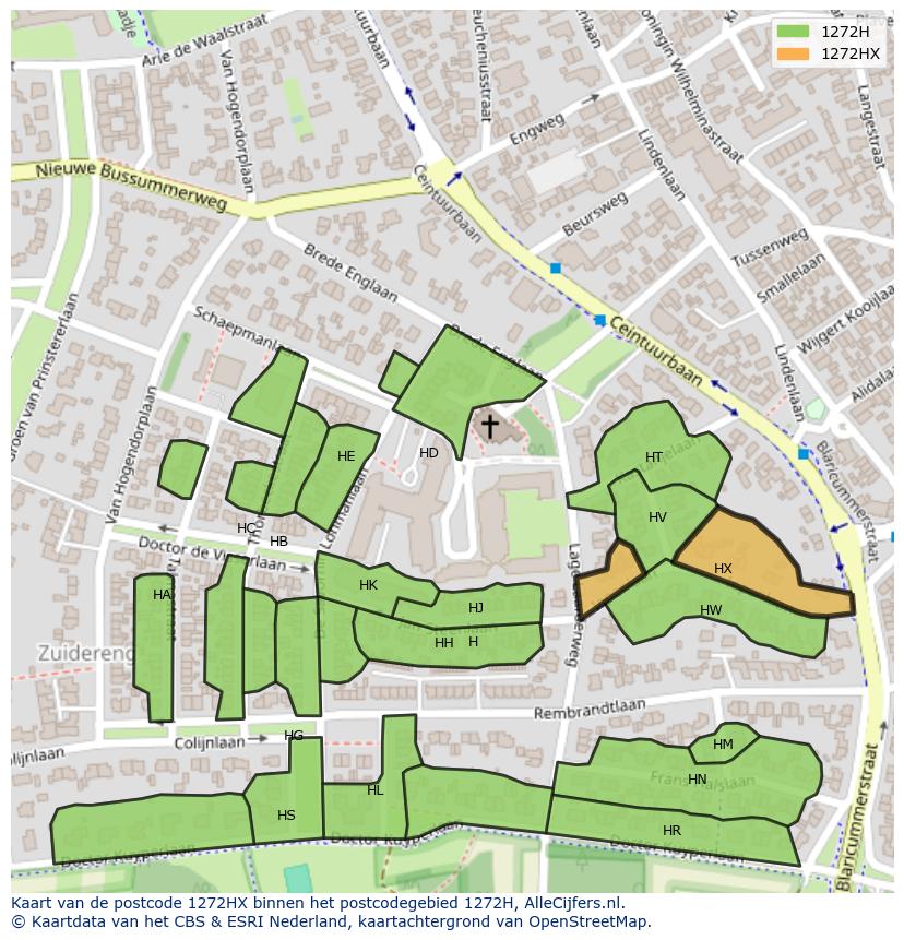 Afbeelding van het postcodegebied 1272 HX op de kaart.