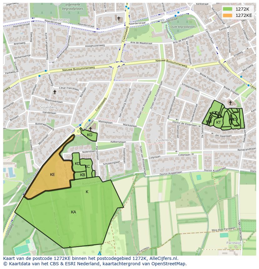 Afbeelding van het postcodegebied 1272 KE op de kaart.