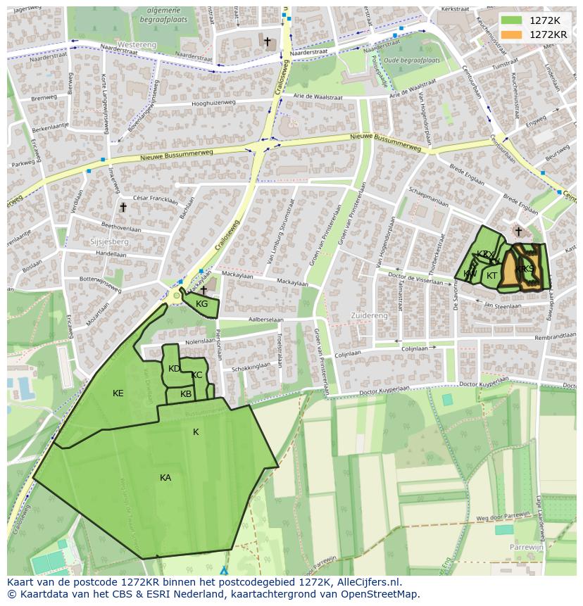 Afbeelding van het postcodegebied 1272 KR op de kaart.
