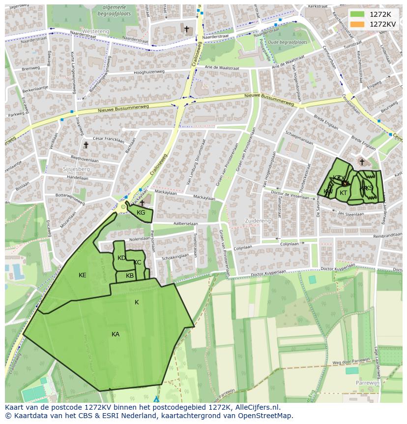 Afbeelding van het postcodegebied 1272 KV op de kaart.