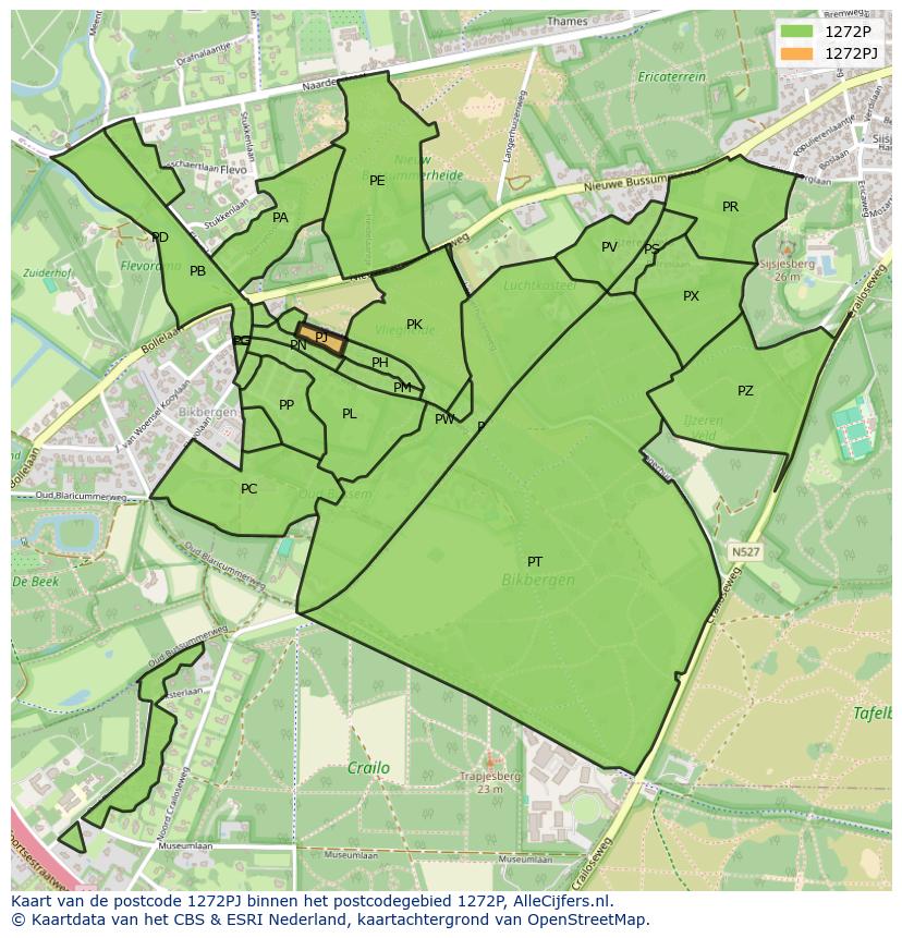 Afbeelding van het postcodegebied 1272 PJ op de kaart.