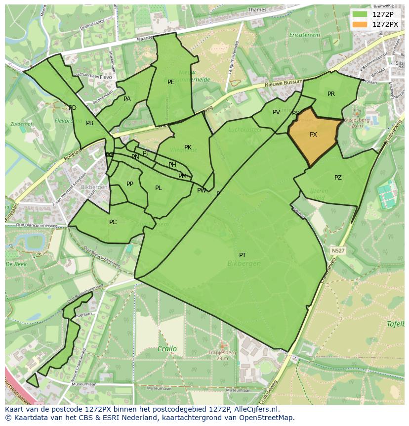 Afbeelding van het postcodegebied 1272 PX op de kaart.