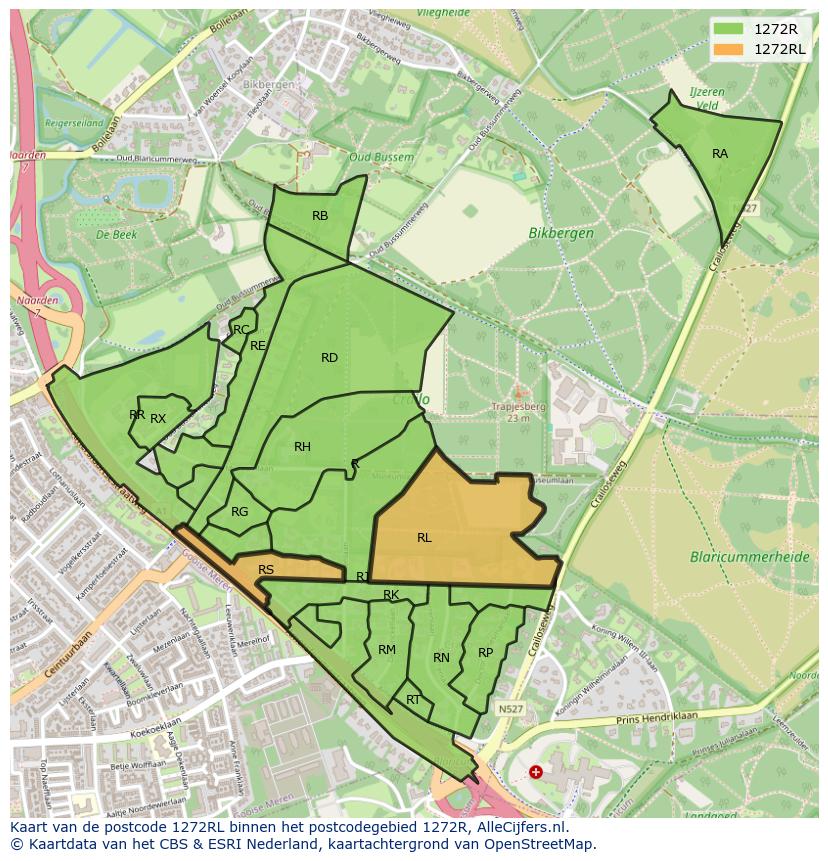 Afbeelding van het postcodegebied 1272 RL op de kaart.