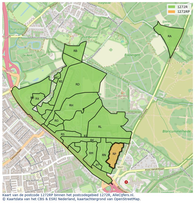 Afbeelding van het postcodegebied 1272 RP op de kaart.