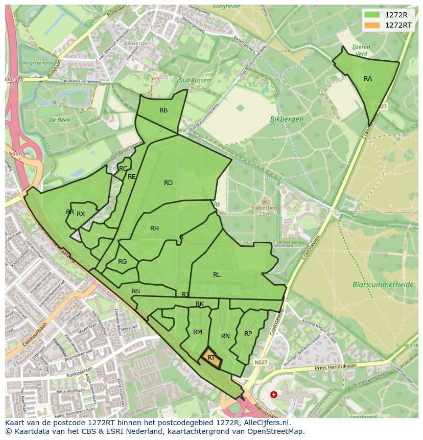 Afbeelding van het postcodegebied 1272 RT op de kaart.