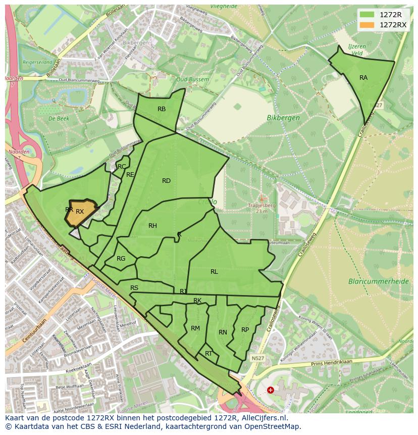 Afbeelding van het postcodegebied 1272 RX op de kaart.