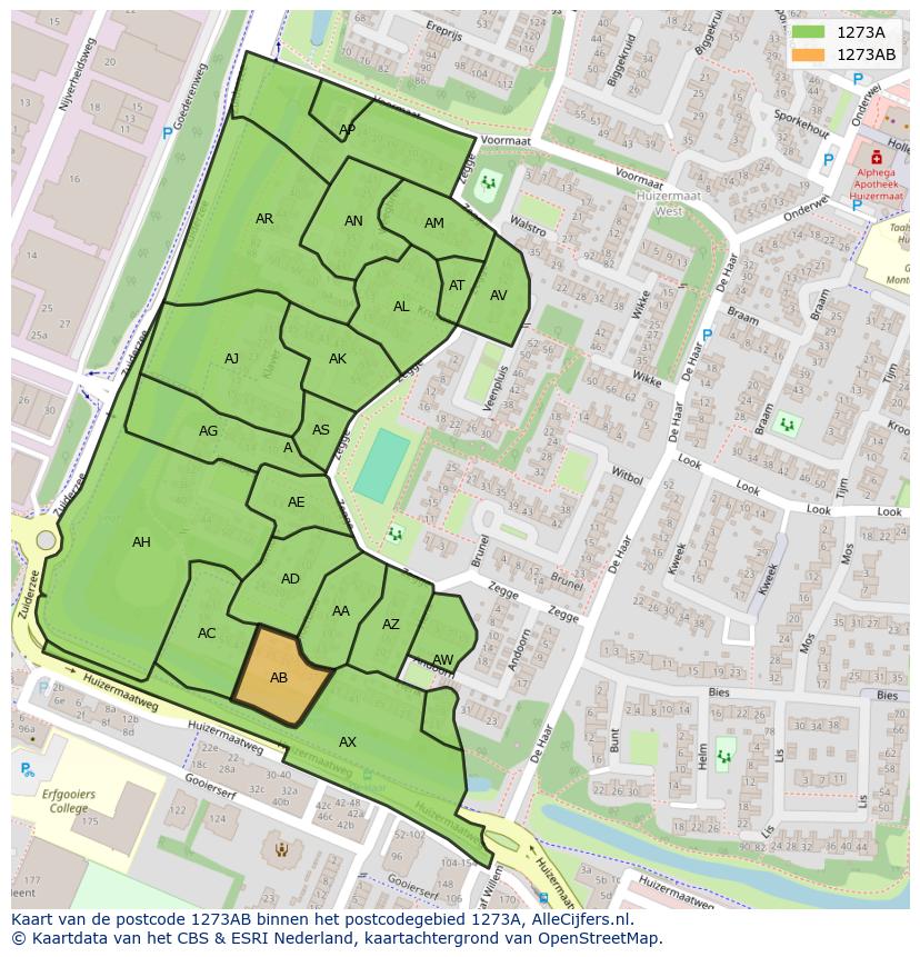 Afbeelding van het postcodegebied 1273 AB op de kaart.