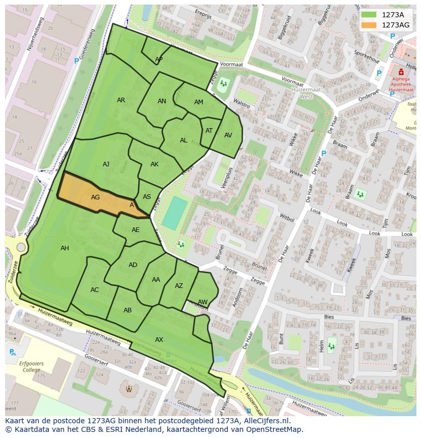 Afbeelding van het postcodegebied 1273 AG op de kaart.