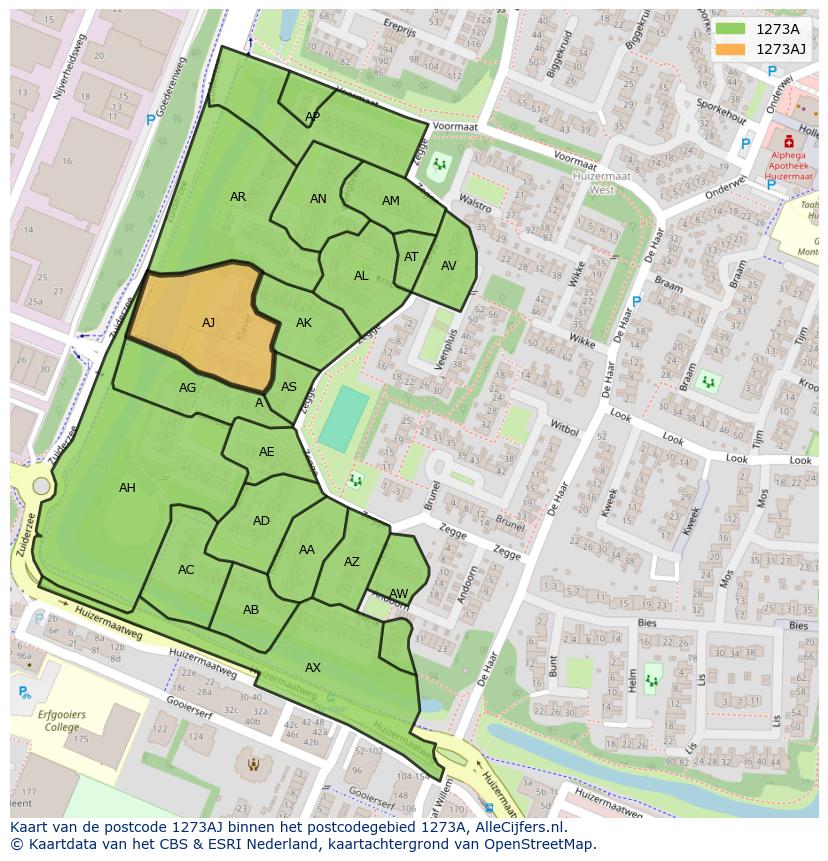 Afbeelding van het postcodegebied 1273 AJ op de kaart.