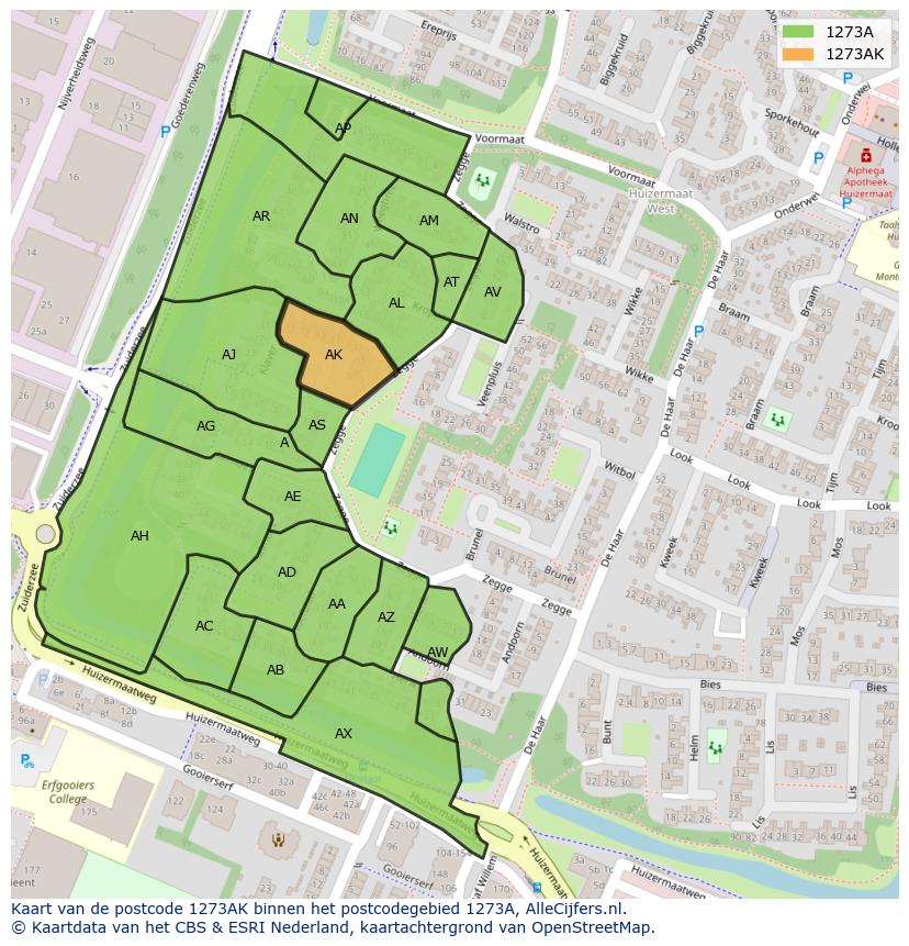 Afbeelding van het postcodegebied 1273 AK op de kaart.