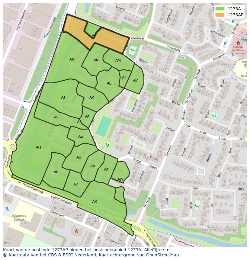 Afbeelding van het postcodegebied 1273 AP op de kaart.