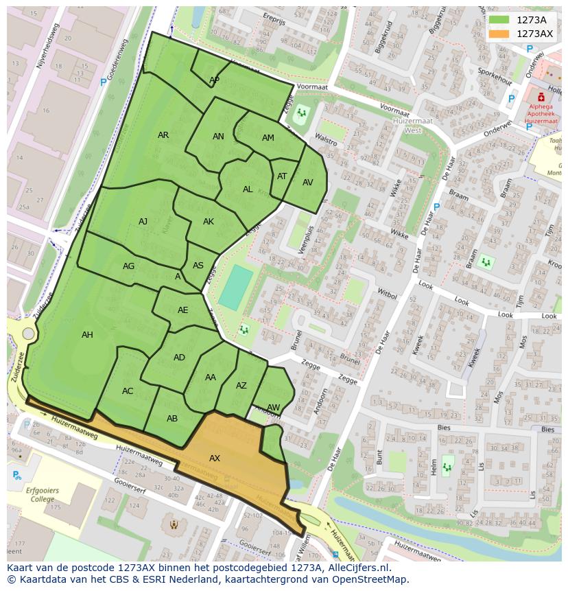 Afbeelding van het postcodegebied 1273 AX op de kaart.