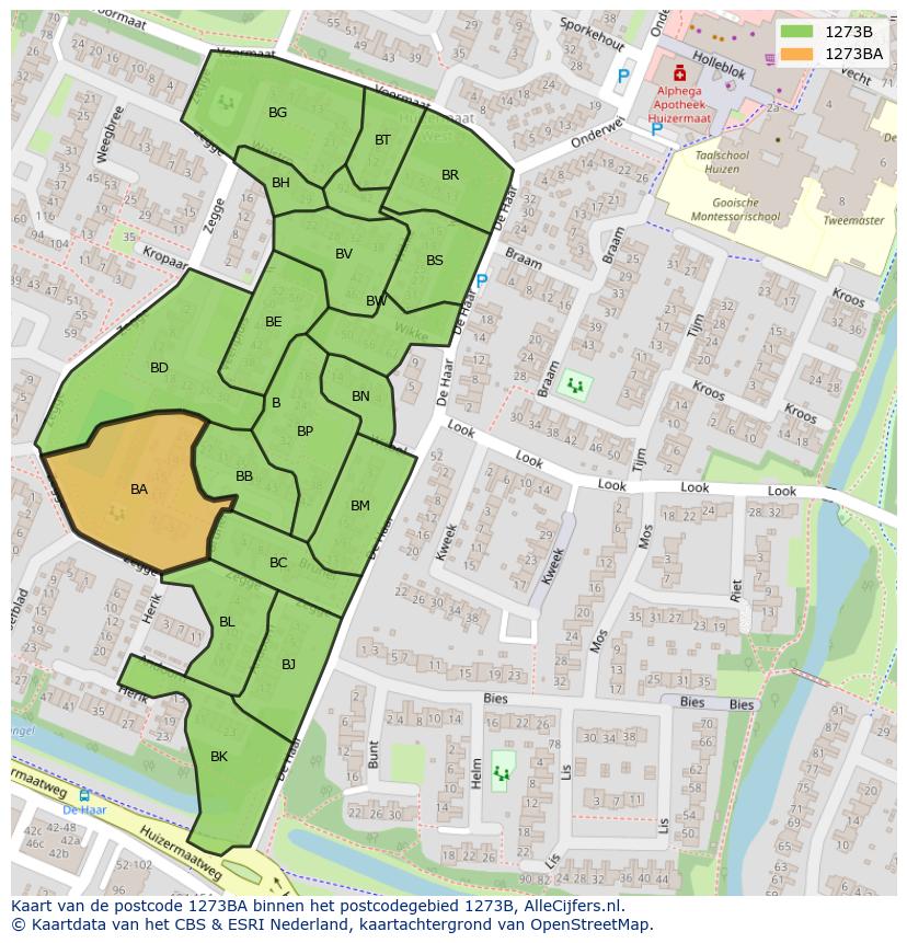 Afbeelding van het postcodegebied 1273 BA op de kaart.