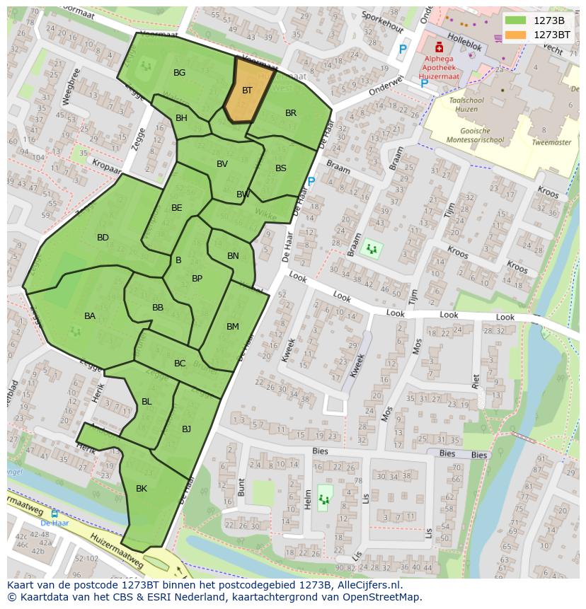 Afbeelding van het postcodegebied 1273 BT op de kaart.