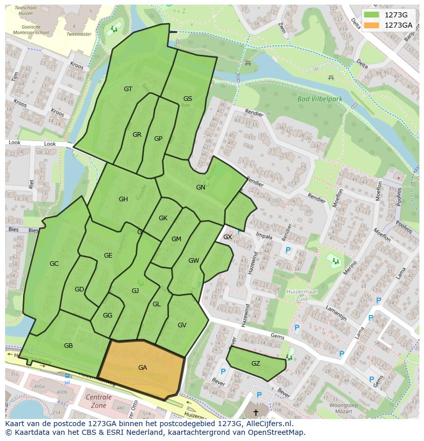 Afbeelding van het postcodegebied 1273 GA op de kaart.
