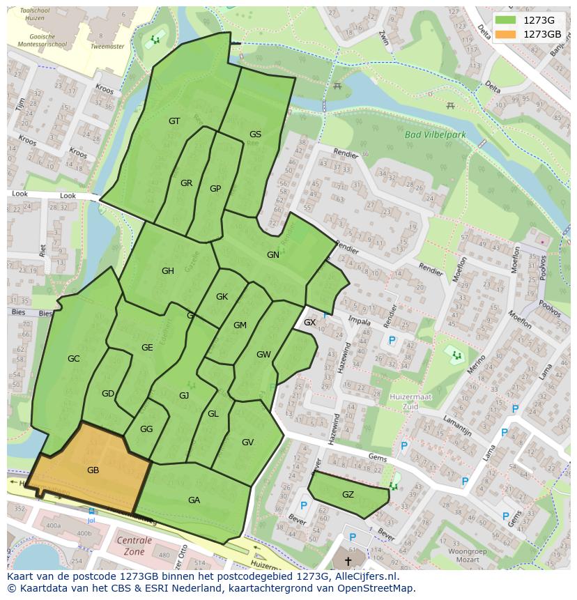 Afbeelding van het postcodegebied 1273 GB op de kaart.
