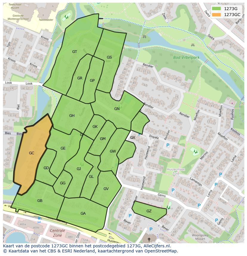 Afbeelding van het postcodegebied 1273 GC op de kaart.