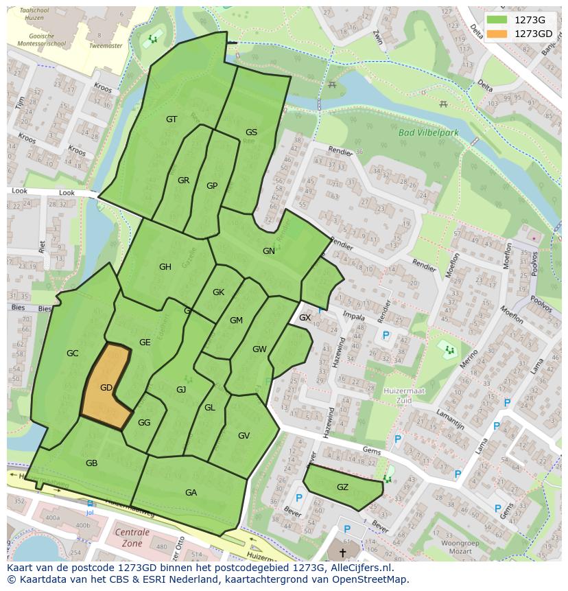 Afbeelding van het postcodegebied 1273 GD op de kaart.