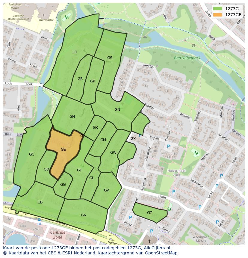 Afbeelding van het postcodegebied 1273 GE op de kaart.