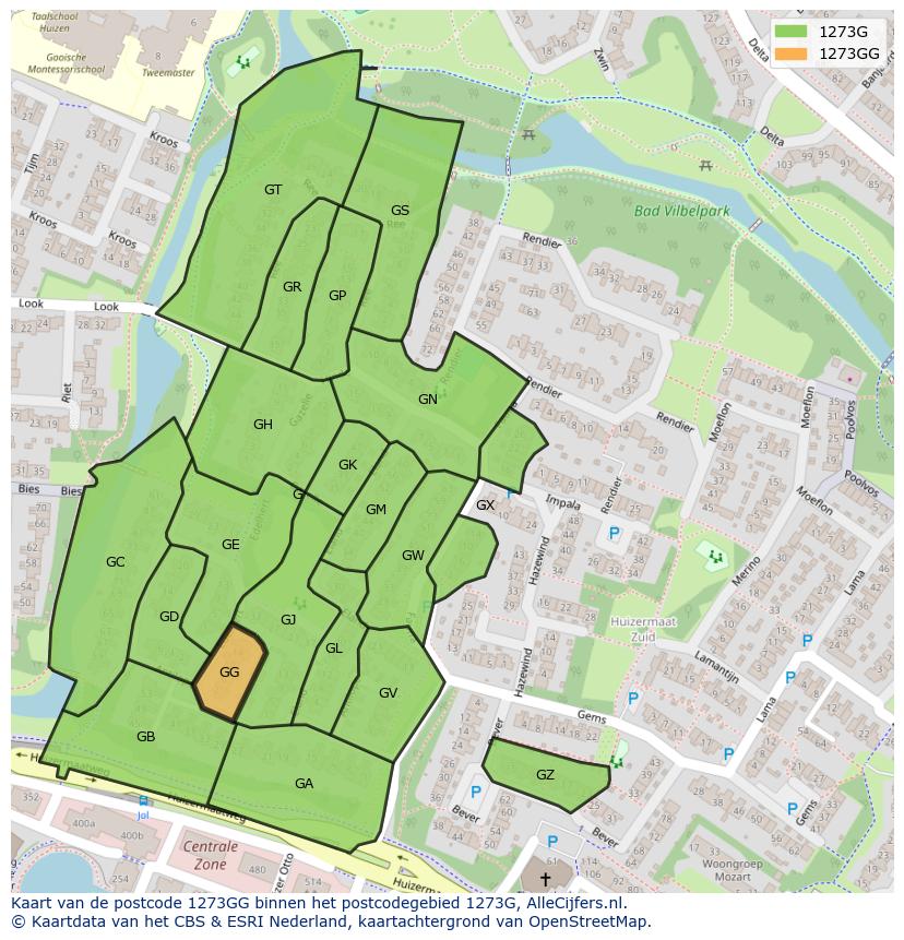 Afbeelding van het postcodegebied 1273 GG op de kaart.