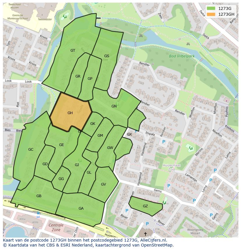 Afbeelding van het postcodegebied 1273 GH op de kaart.
