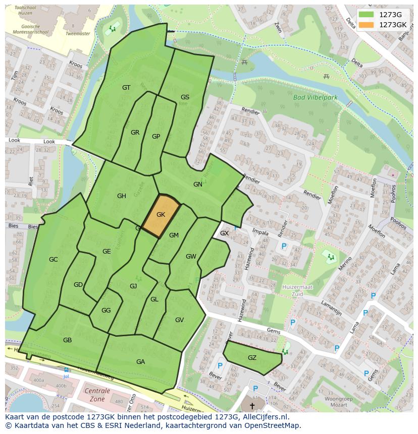 Afbeelding van het postcodegebied 1273 GK op de kaart.