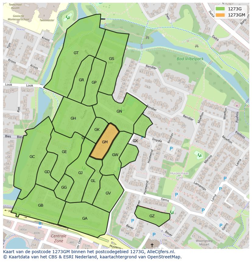 Afbeelding van het postcodegebied 1273 GM op de kaart.